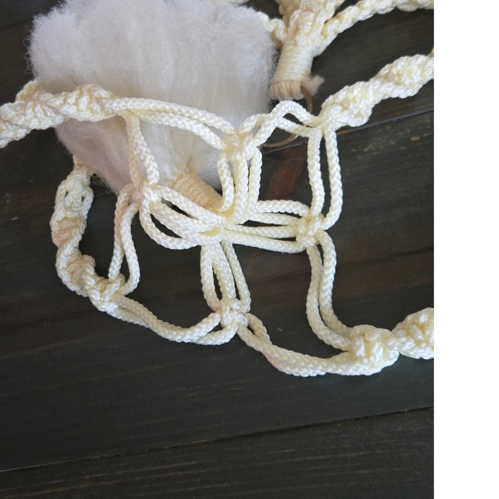 Vintage Macrame Plant Hanger Ivory Spiral Knot Boho Decor with Fluffy Tassel 31" - Picture 4 of 7